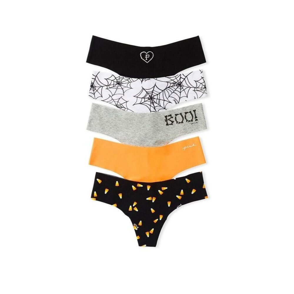 New Victoria Secret "PINK" No Show Thongs 5 Pairs Solids/Prints Halloween Size L